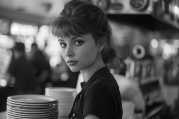 retro waitress in diner, adult, one person, woman, white ethnicity - obrazy, fototapety, plakaty