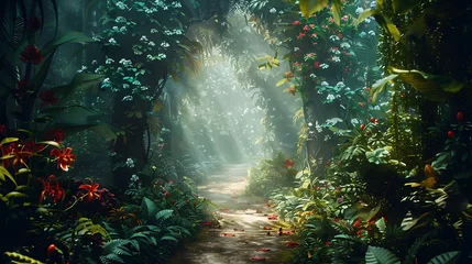Foto op Aluminium Bosweg Nature background of dreamy fairy tale and beautiful jungle forest pedestrian footpath alley way place for walking