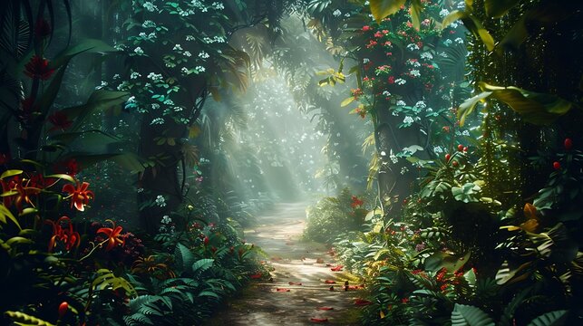 Nature background of dreamy fairy tale and beautiful jungle forest pedestrian footpath alley way place for walking