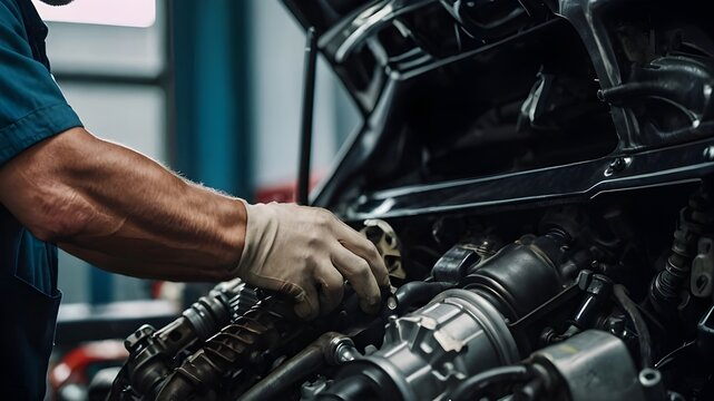 mechanic working on car. a mechanic working on a car engine.