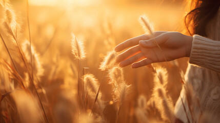 Close-up shot of woman's hand touching dry grass in autumn meadow at sunset , Generate AI