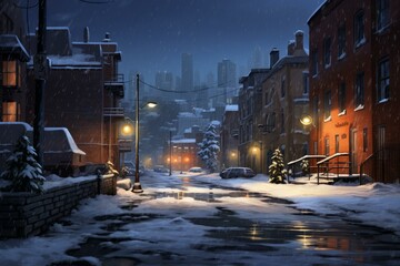 Serene Snowy city night street. Town scene. Generate Ai - obrazy, fototapety, plakaty