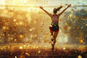 A young athlete runs on an open treadmill at the stadium, celebrating the victory in the race and golden confetti falls around her - obrazy, fototapety, plakaty
