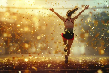 Tuinposter A young athlete runs on an open treadmill at the stadium, celebrating the victory in the race and golden confetti falls around her © Vadim