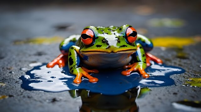 frog on a floor. a colorful frog sitting on top of a puddle of paint