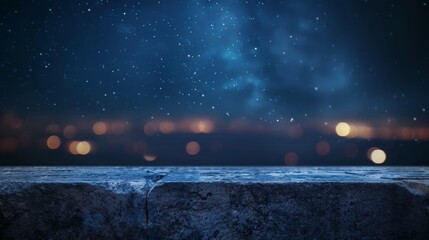 Stone table top with copy space. Night sky background