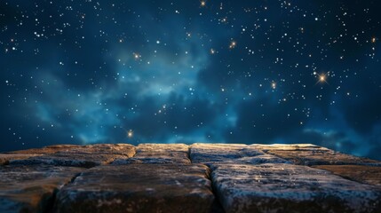 Stone table top with copy space. Night sky background