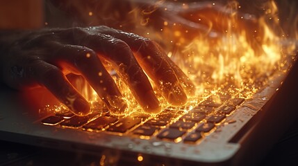 Close-up of human hands typing on a laptop keyboard with sparks and fire - obrazy, fototapety, plakaty