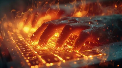 Close-up of human hands typing on a laptop keyboard with sparks and fire