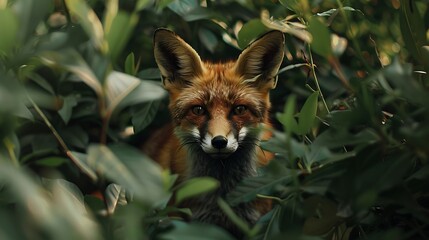 Fototapeta premium Portrait of curious red fox hiding in the bush