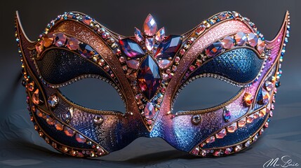 A glamorous masquerade mask embellished with glittering sequins and iridescent gems, catching th