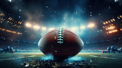 Night football arena in lights and flashes with american football ball