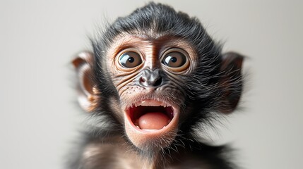 Portrait of a funny monkey with open mouth on gray background