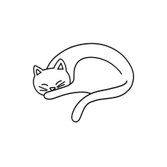 Cute cat sleeping on his back sketch engraving vector illustration. T-shirt apparel print design. Scratch board imitation. Black and white hand drawn image.