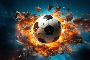 Fototapeta premium Explosive Soccer ball explosion sport. Art light. Generate Ai