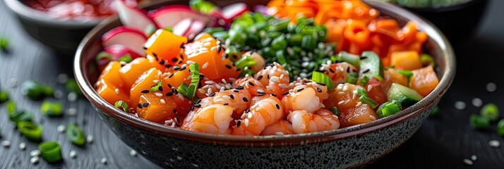 Bursting with color and flavor, a vibrant poke bowl brimming with fresh seafood and crisp vegeta - obrazy, fototapety, plakaty