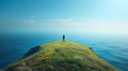 At the edge of the world, where the sky meets the sea in a breathtaking horizon, a lone figure s - obrazy, fototapety, plakaty