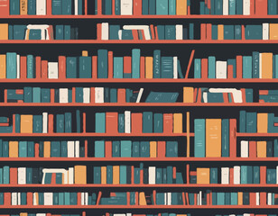 Interior bookshelves. Store shelves with books and vintage elements, poems and dictionaries, short stories and poetry, hand drawn things organization, tidy vector cartoon flat set