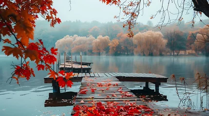 Deurstickers red and white autumn and wooden fishing pier on river © 	Ronaldo