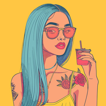 Beautiful girl with a cocktail in her hand. Vector illustration