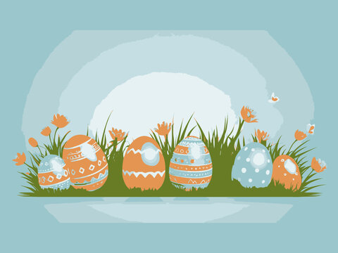 Easter background with eggs in grass and with vector illustration Greetings and presents for Easter Day 