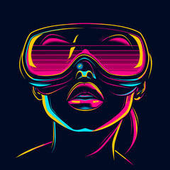 Vector illustration of a female face with virtual reality goggles on black background
