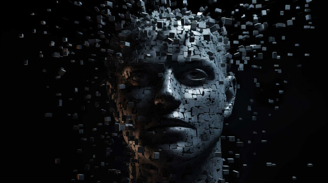  Artificial Intelligence Background , 3D dissolving human head made with cube shaped particle , Generate AI