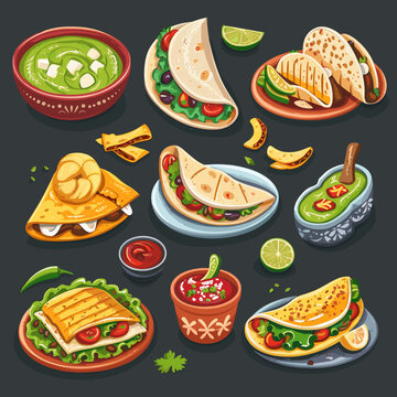 Mexican food vector icons set. Nachos, quesadilla, burrito, tacos, guacamole, guacamole, tortilla, tacos, salsa, guacamole.