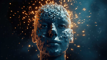  Artificial Intelligence Background , 3D dissolving human head made with cube shaped particle , Generate AI