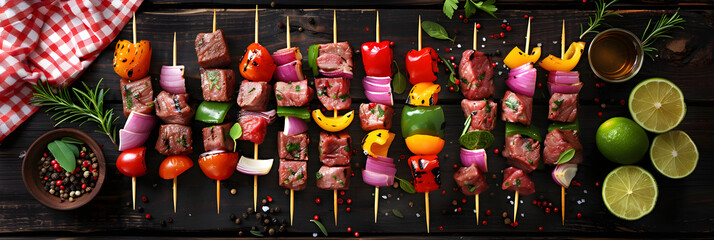 Preparing for a Grill: Raw Skewered Kebabs with Spices and Vegetables on a Rustic Wooden Background - obrazy, fototapety, plakaty