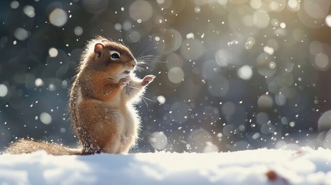 A cute critter exercising in the snow with flair and panache