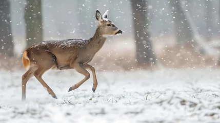Zelfklevend Fotobehang Roe deer running in snow covered rural field © 	Ronaldo