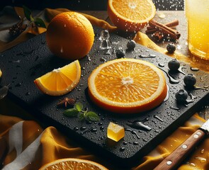 Juicy cut orange slices on the table in a spray of water. Illustration by Generative AI.