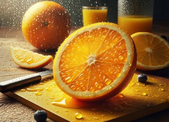 Juicy cut orange slices on the table in a spray of water. Illustration by Generative AI.