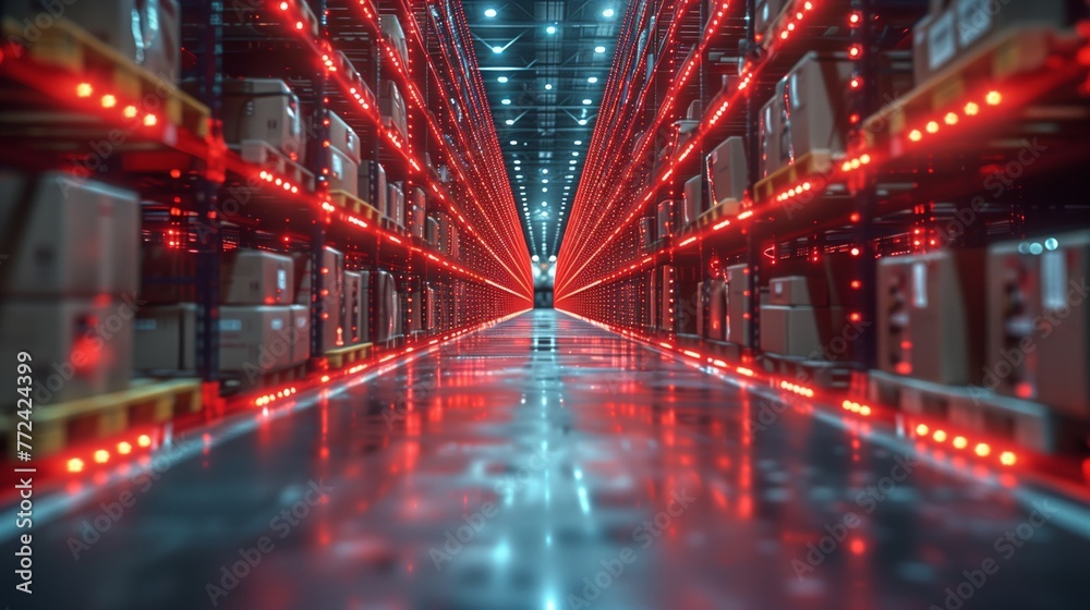 Poster futuristic data center hallway illuminated by red lights
