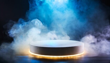  Modern round empty platform podium stand for product presentation scene with glowing neon lighting. Front view. Futuristic empty stage mockup