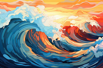 A painting of a wave with a sunset in the background. The colors are vibrant and the brushstrokes are bold, creating a sense of movement and energy. The wave appears to be crashing against the shore - obrazy, fototapety, plakaty