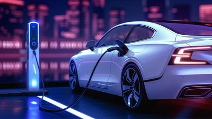 Power supply connected to electric vehicle charge battery. EV charging station for electric car or Plug-in hybrid car. Automotive innovation and technology concepts. Generative Ai - obrazy, fototapety, plakaty