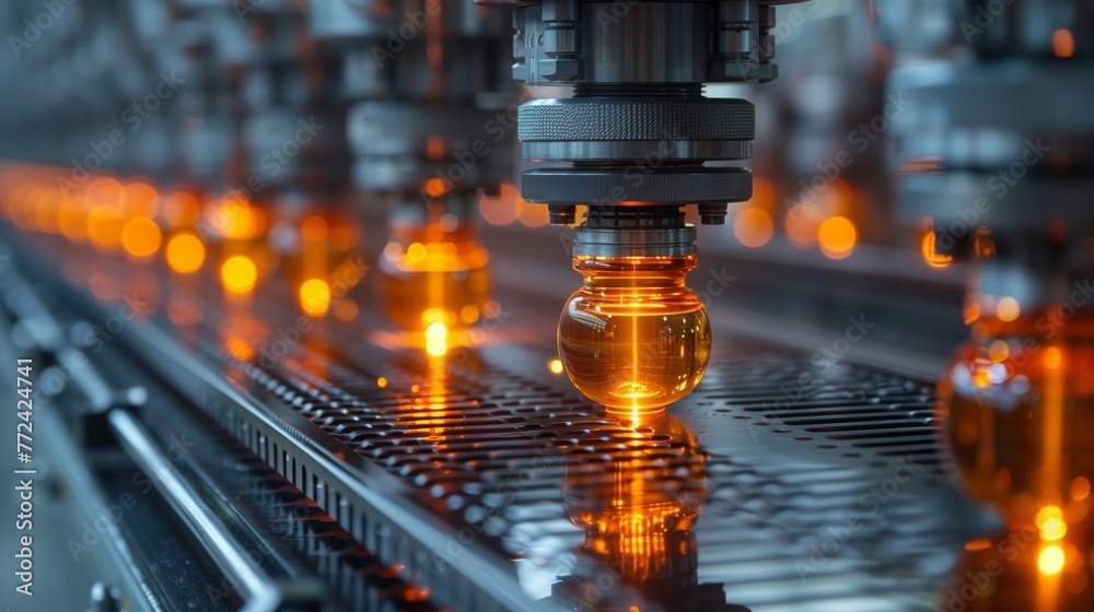 Poster automated production line filling bottles in industrial factory