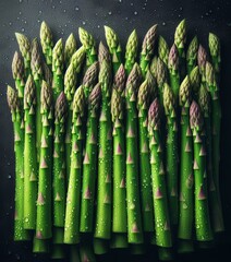 Asparagus stalks in a splash of water on the table. Background. Illustration by Generative AI.