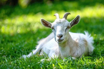 Gordijnen A goat is laying down in a grassy field © Vasilisa