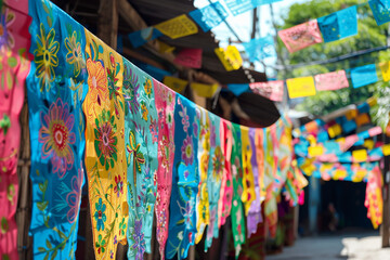 A symphony of colors as banners adorned with floral motifs dance in the breeze.
