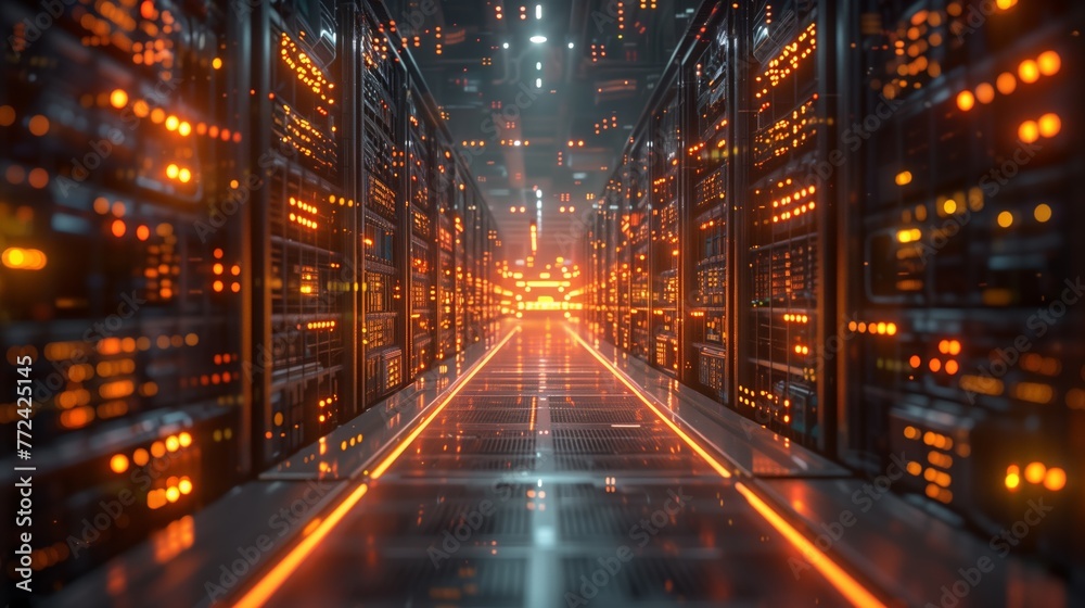 Poster futuristic server room with glowing lights and data racks