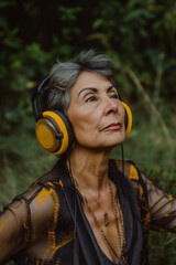 older hispanic woman with headphones outdoors