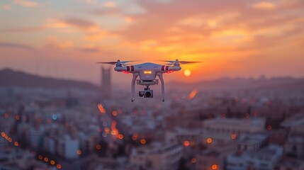 Fototapeta na wymiar Drone Flight Over Cityscape at Dusk