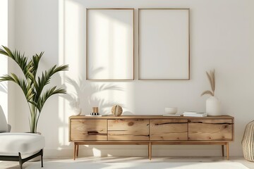 Living room, still life in the room. Empty picture frame mockup on beige wall. Old wooden table and chairs. Glass vase with flower bouquet. Elegant work space, home office concept.