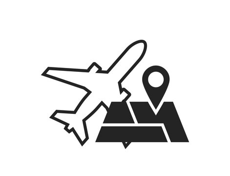 air travel destination icon. plane and map. vacation and journey symbol. black and white vector image for tourism design