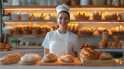 friendly looking female baker and sales woman prepares fresh bread in the bakery for sale in shop