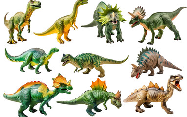 Authentic Toy Dinosaur Collection Isolated On Transparent Background PNG.