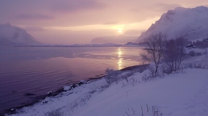 Sunrise over a fjord in the Lofoten during a cold winter morning